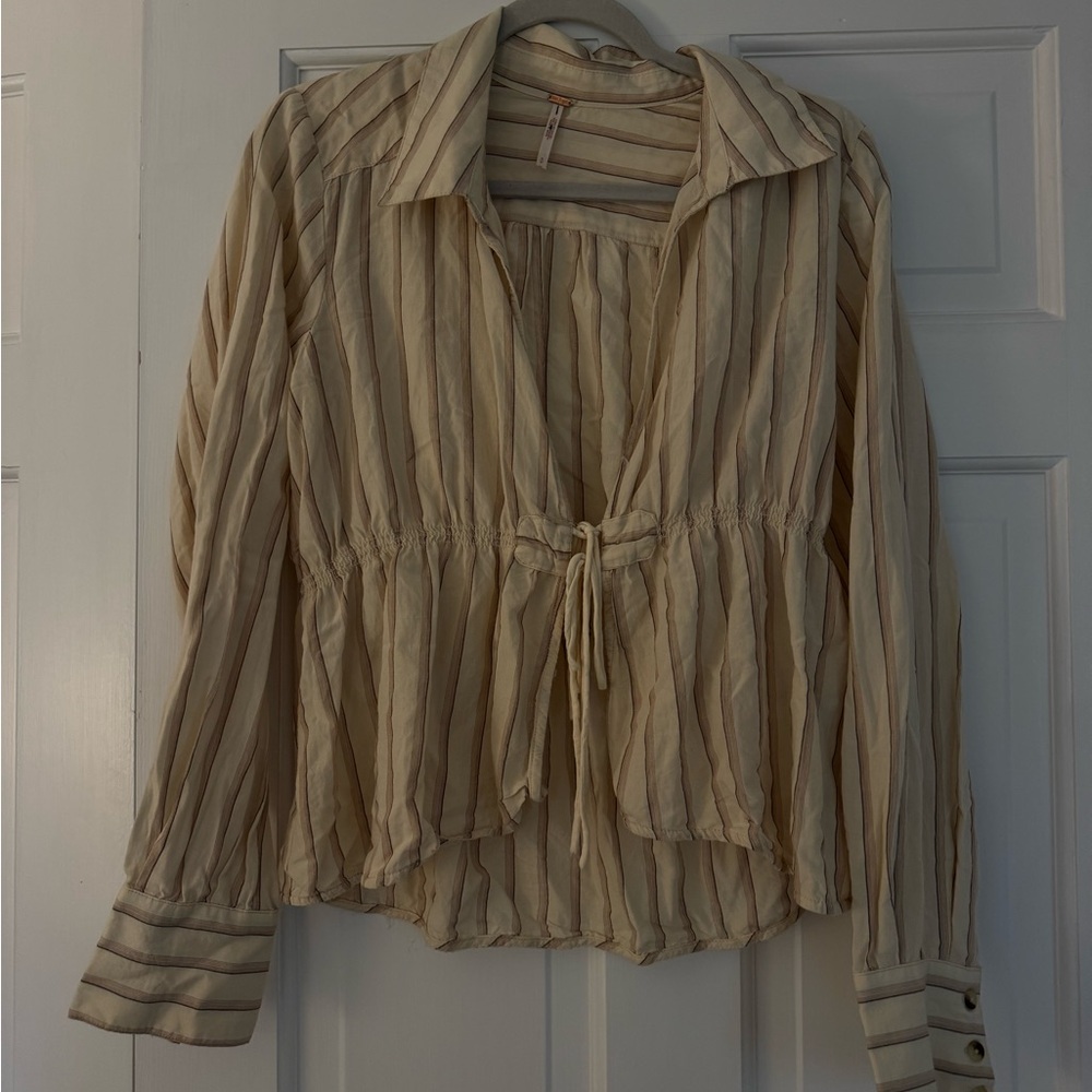 Free People Cream Tie Front Blouse with Notched Collar